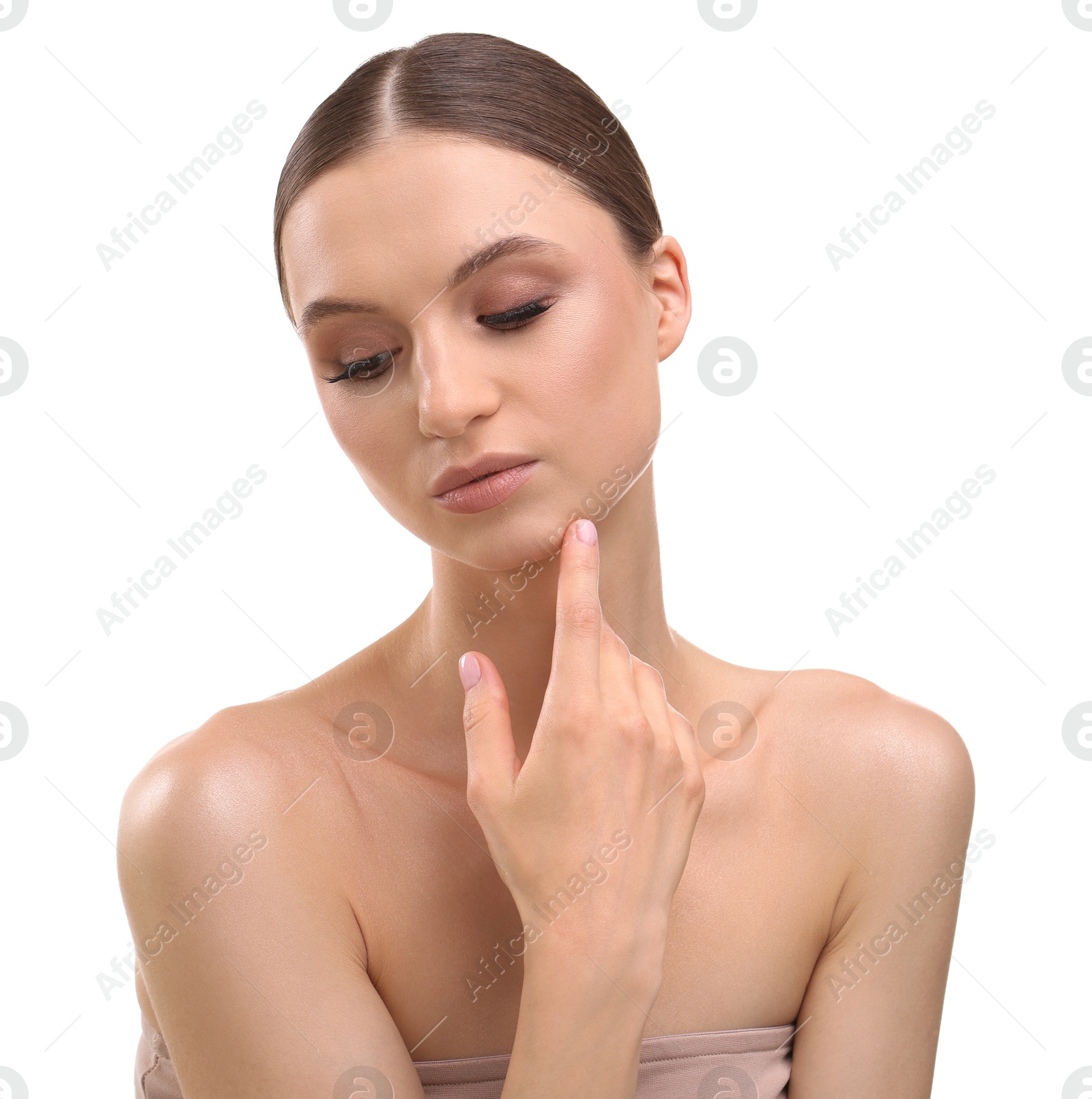 Portrait of beautiful young woman on white background Photo of Portrait of beautiful young woman on white background