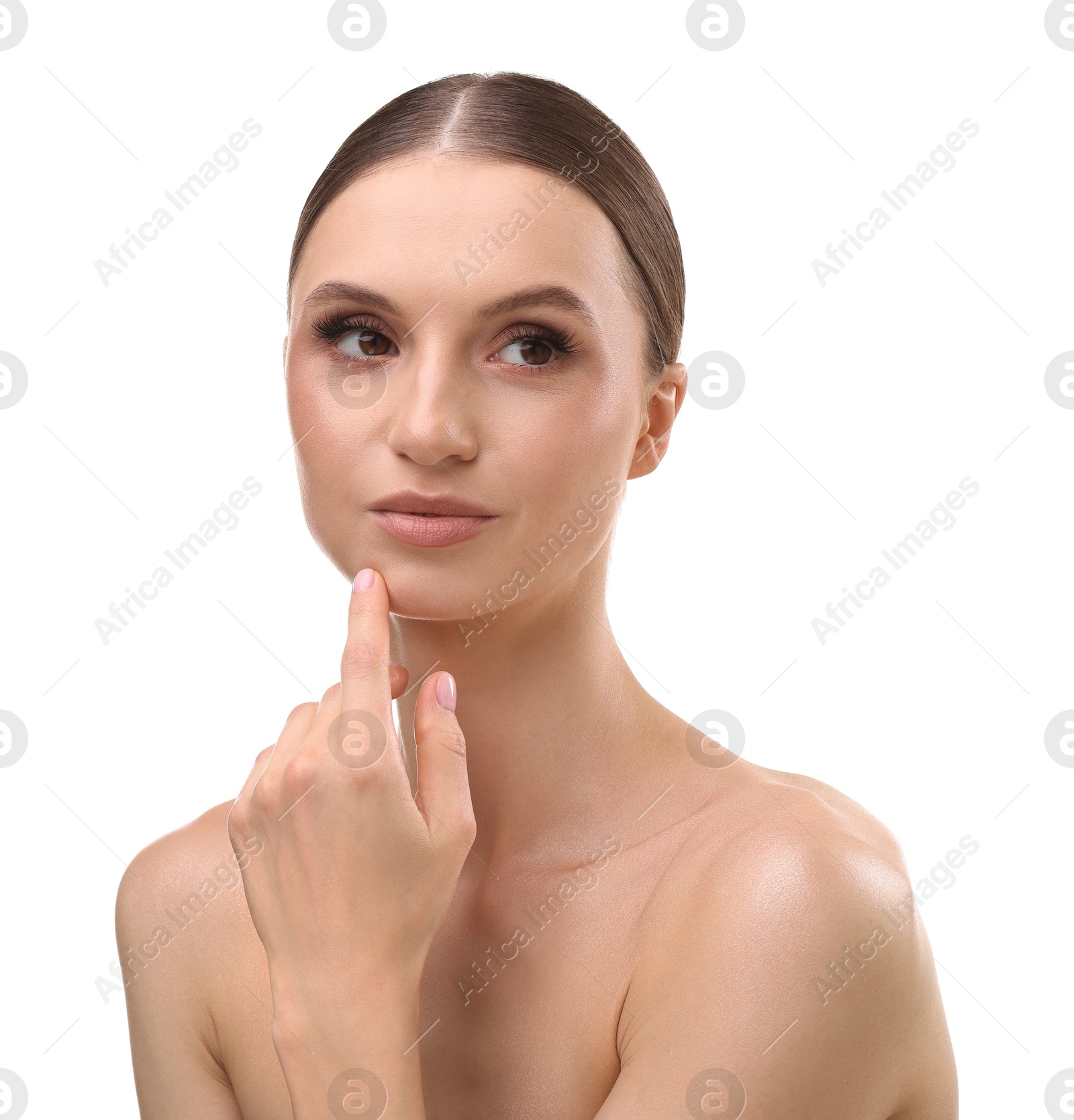 Portrait of beautiful young woman on white background Photo of Portrait of beautiful young woman on white background