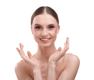 Photo of Portrait of beautiful young woman on white background