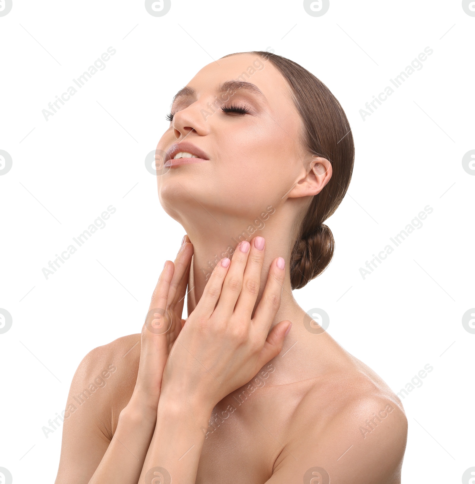 Portrait of beautiful young woman on white background Photo of Portrait of beautiful young woman on white background