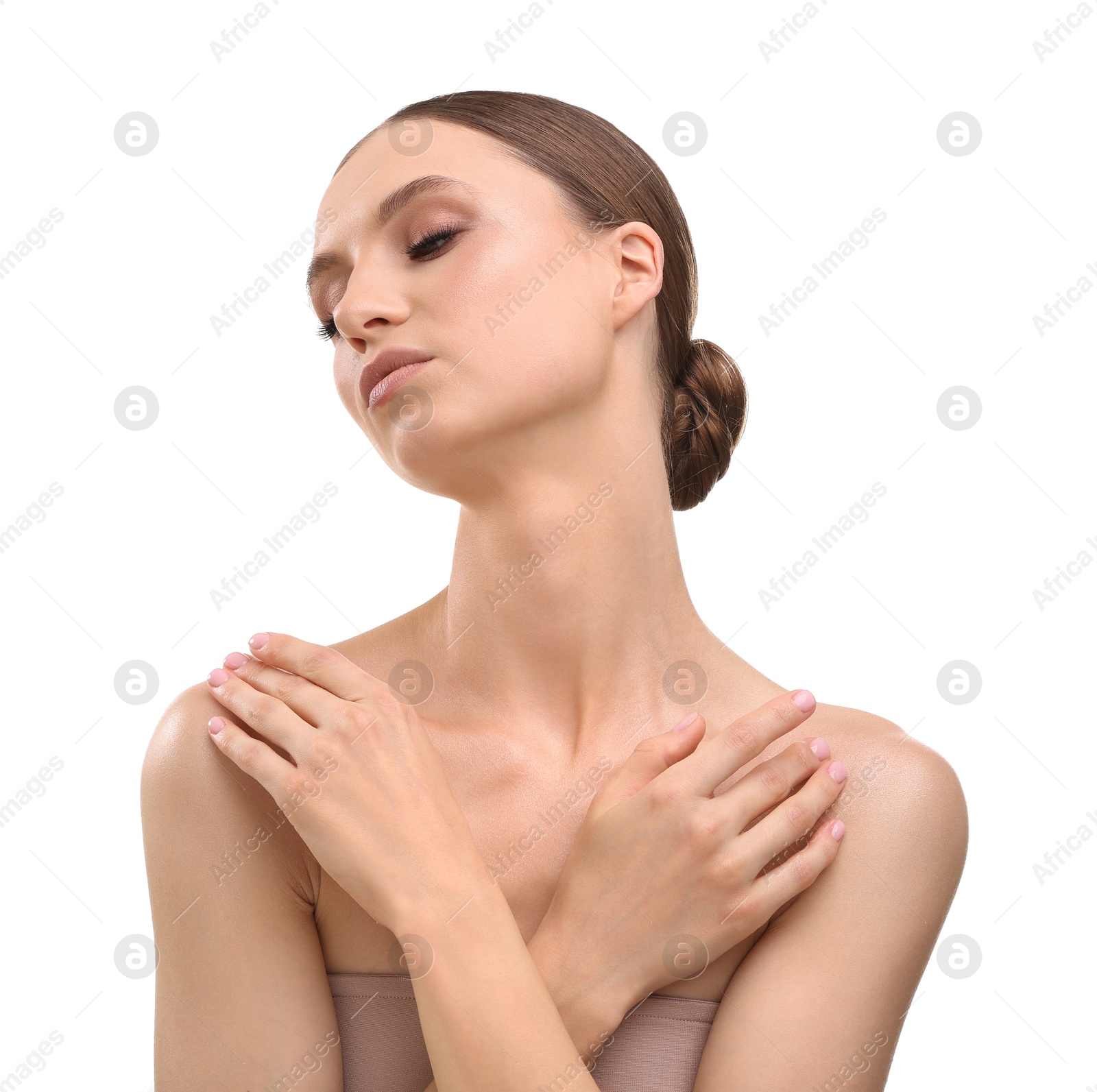 Portrait of beautiful young woman on white background Photo of Portrait of beautiful young woman on white background