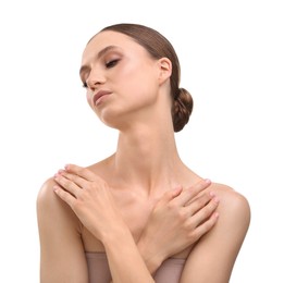 Photo of Portrait of beautiful young woman on white background