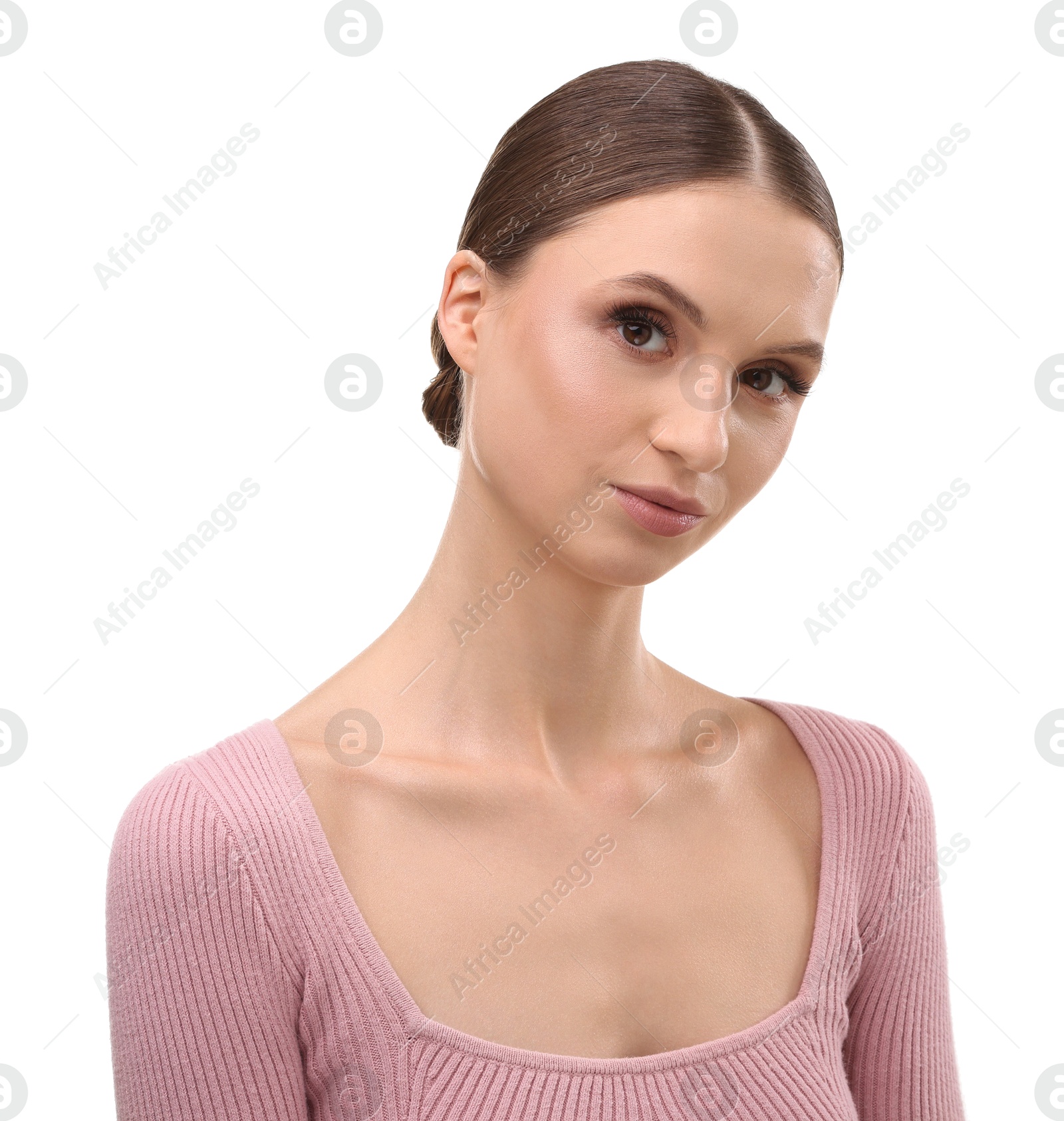 Portrait of beautiful young woman on white background Photo of Portrait of beautiful young woman on white background