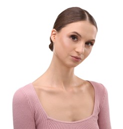 Photo of Portrait of beautiful young woman on white background