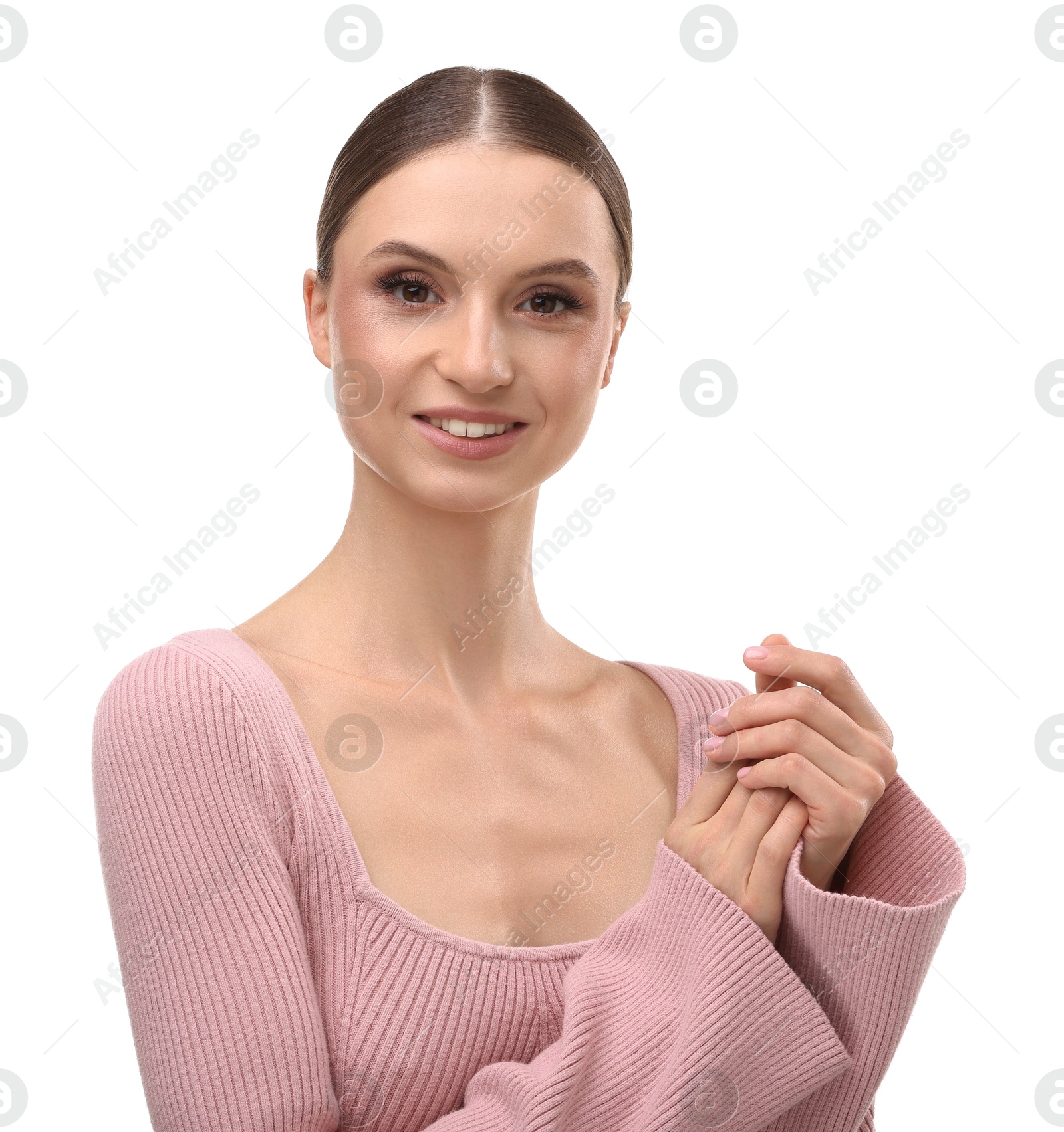 Photo of Portrait of beautiful young woman on white background