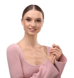 Photo of Portrait of beautiful young woman on white background