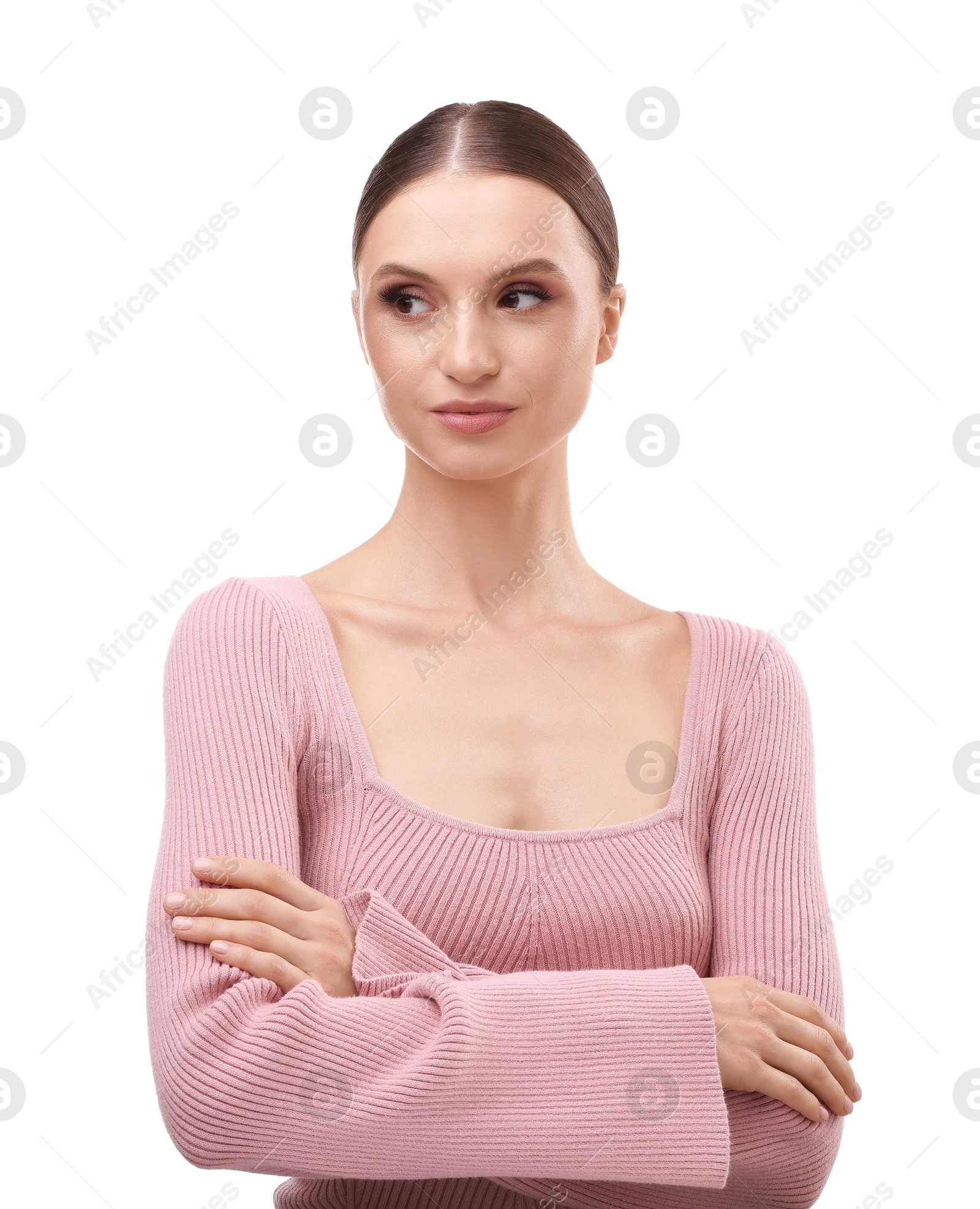 Portrait of beautiful young woman on white background Photo of Portrait of beautiful young woman on white background
