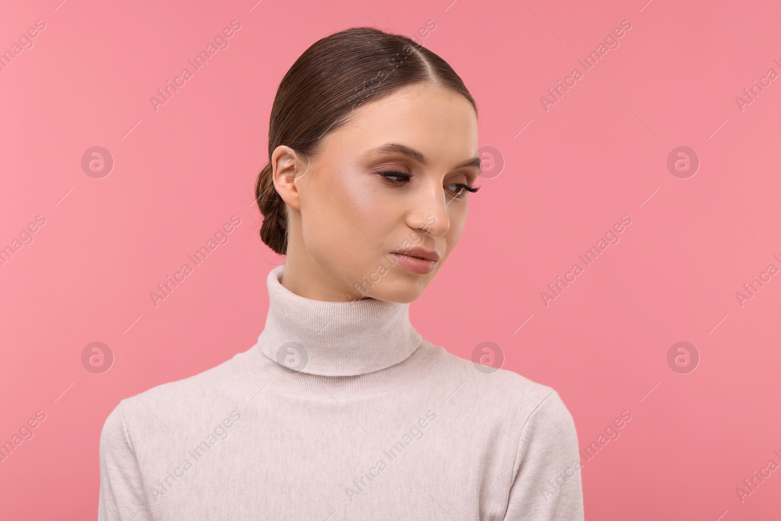 Portrait of beautiful young woman on pink background, Photo of Portrait of beautiful young woman on pink background,