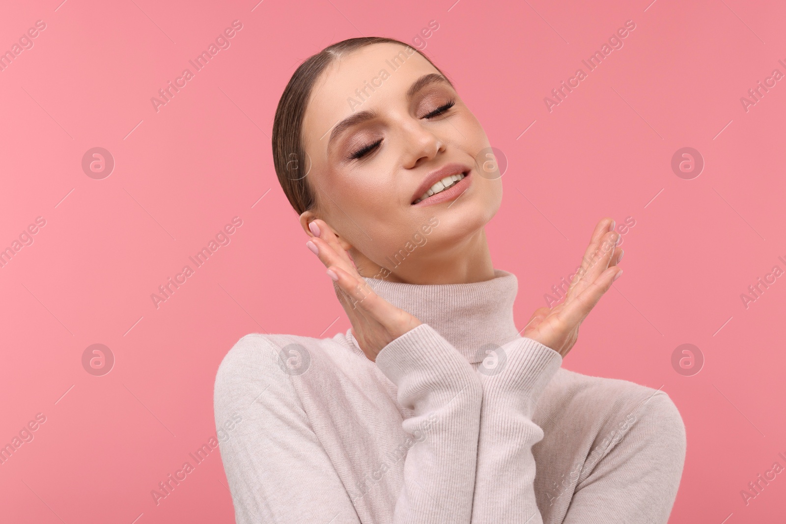 Portrait of beautiful young woman on pink background, Photo of Portrait of beautiful young woman on pink background,