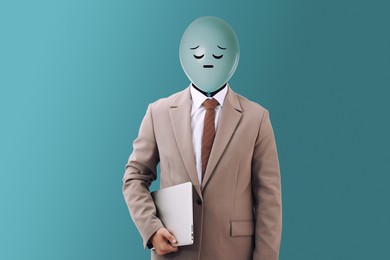 Image of Balloon with sad face instead of man's head on light blue background