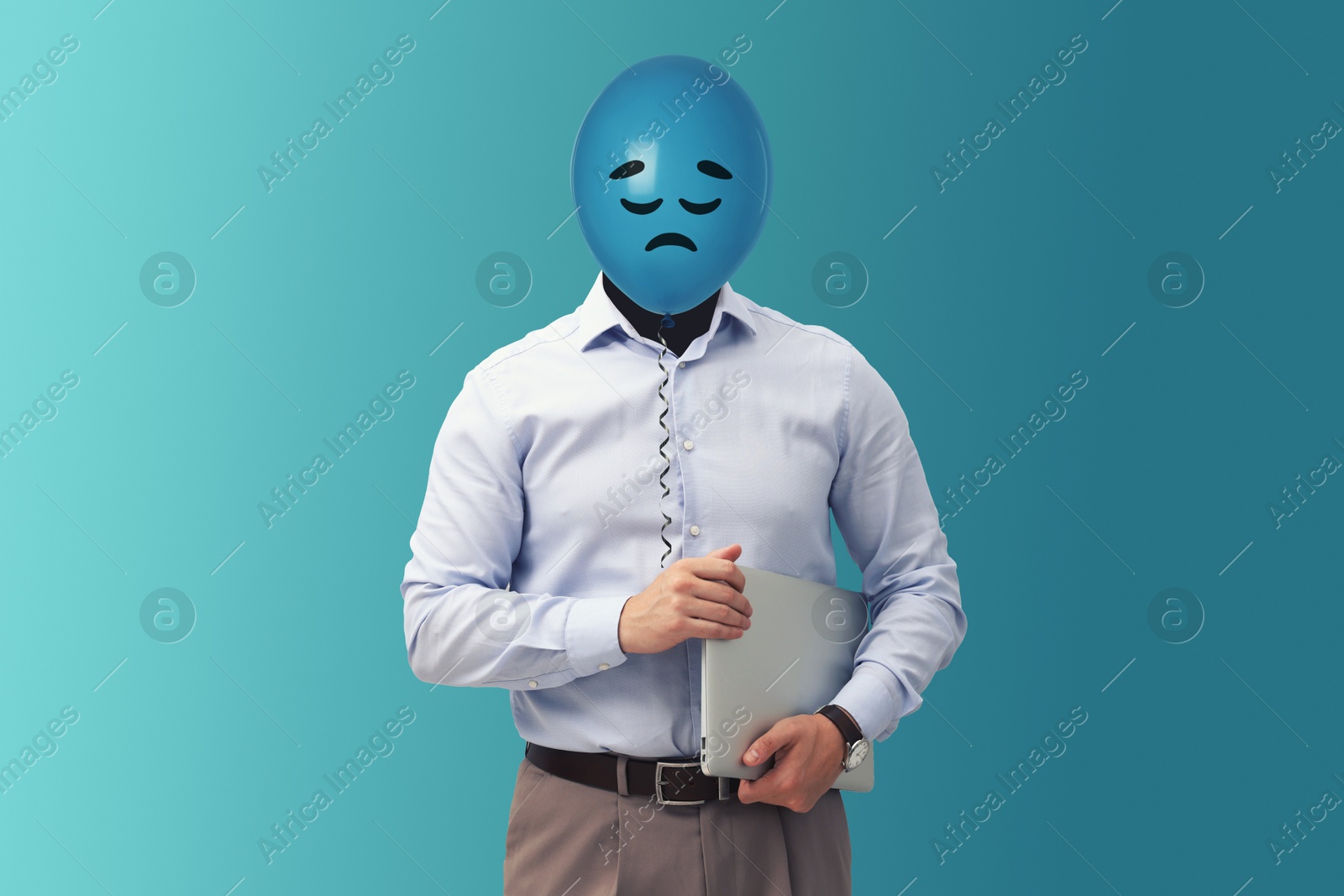 Balloon with sad face instead of man's head on light blue background Image of Balloon with sad face instead of man's head on light blue background