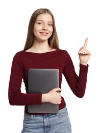 Photo of Teenage girl with laptop pointing at something on white background