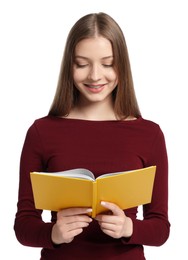 Photo of Teenage girl with book on white background