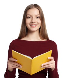 Photo of Teenage girl with book on white background