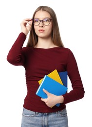 Photo of Teenage girl with books on white background