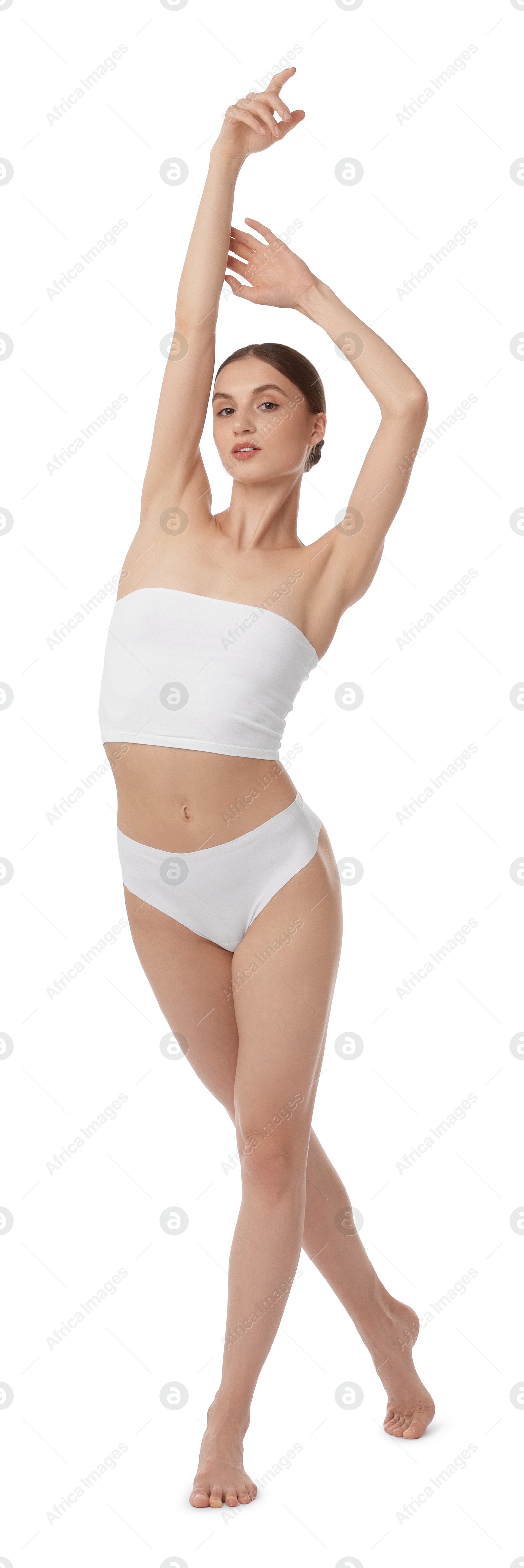 Beautiful woman with perfect slim body on white background Photo of Beautiful woman with perfect slim body on white background