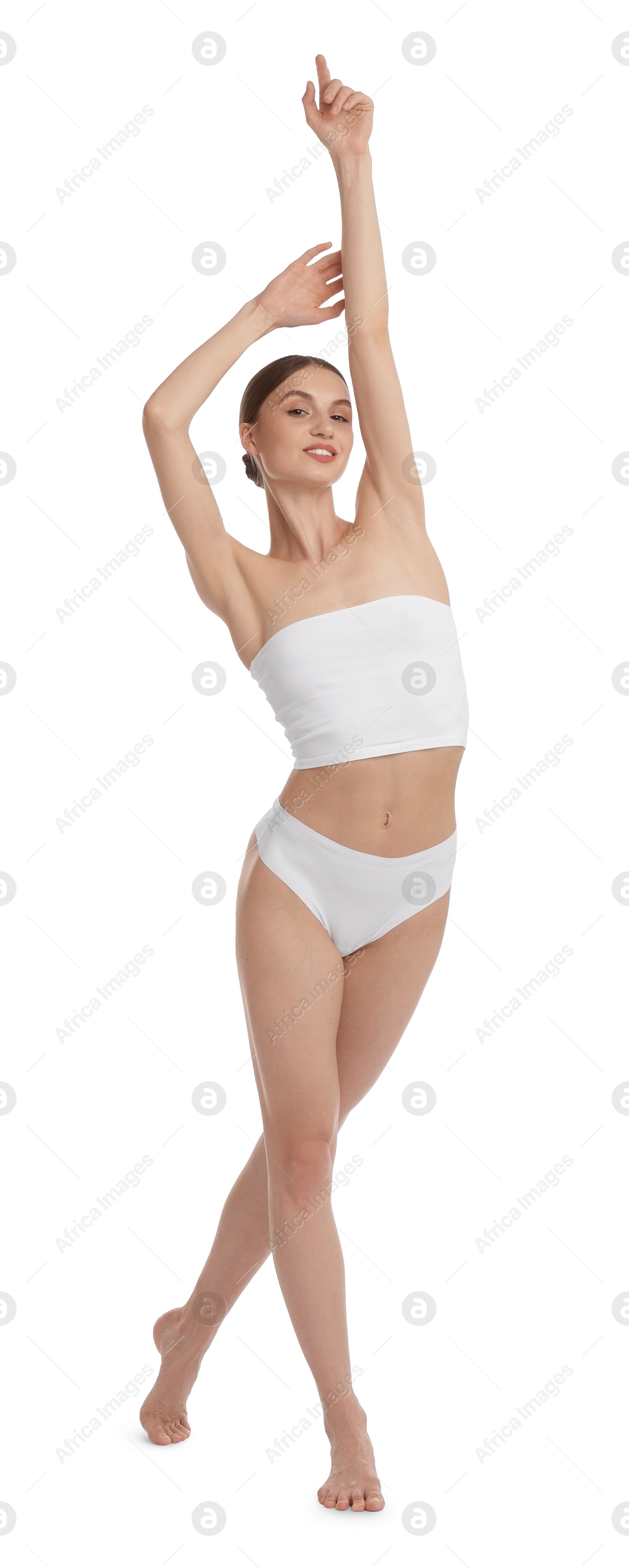 Beautiful woman with perfect slim body on white background Photo of Beautiful woman with perfect slim body on white background