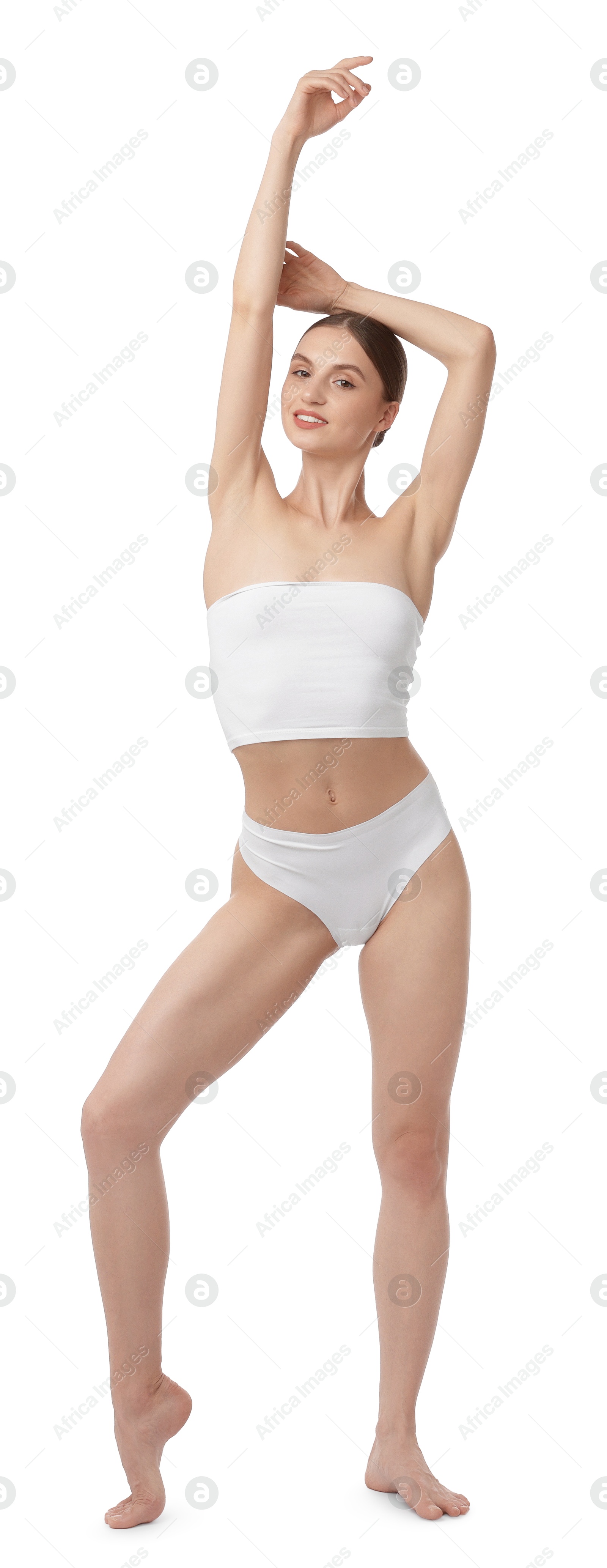 Beautiful woman with perfect slim body on white background Photo of Beautiful woman with perfect slim body on white background