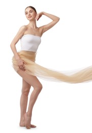 Photo of Young woman with beautiful fabric on white background
