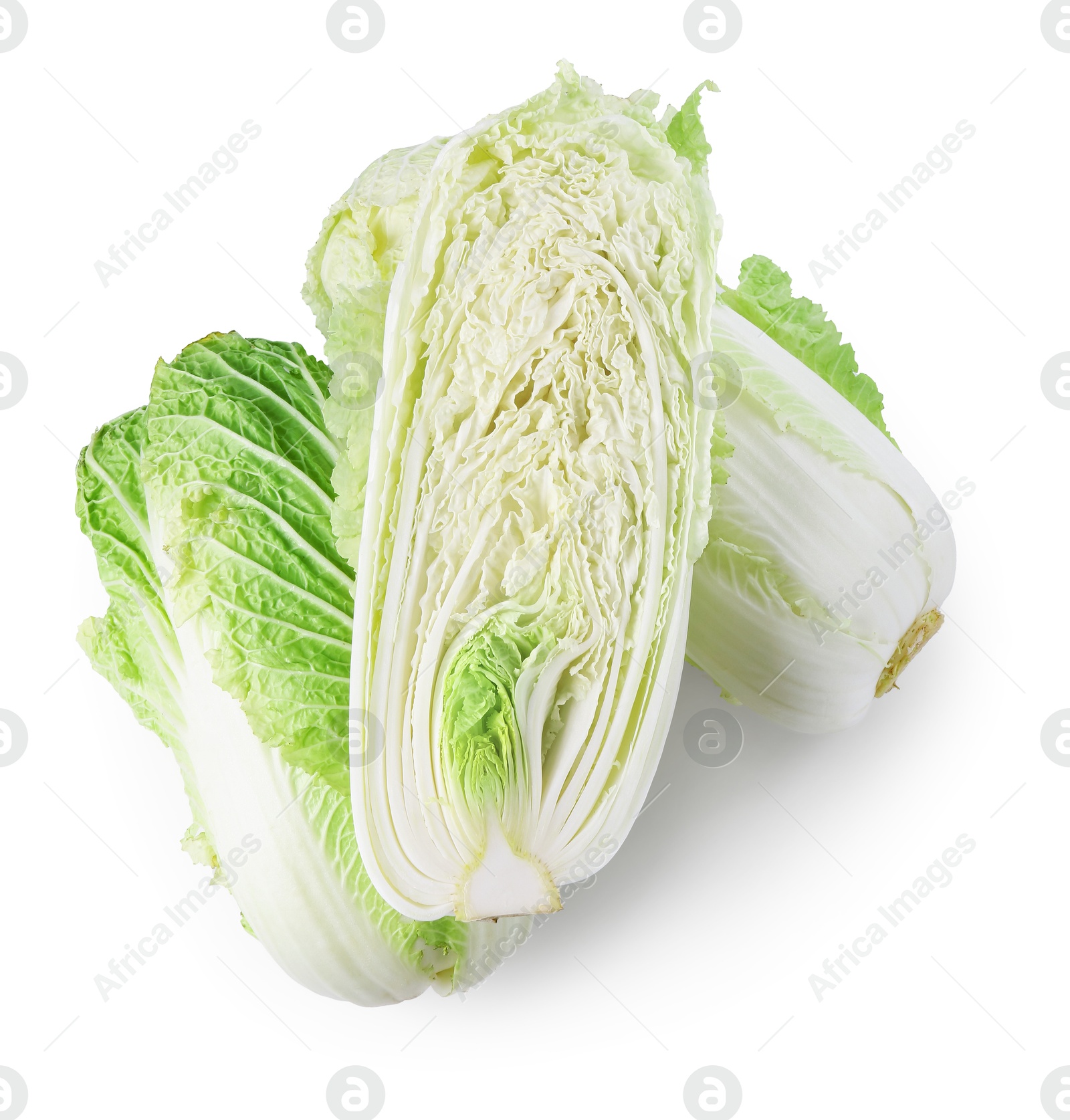Whole and cut fresh Chinese cabbages isolated on white, top view Photo of Whole and cut fresh Chinese cabbages isolated on white, top view