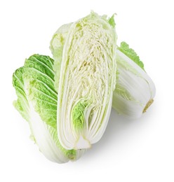 Photo of Whole and cut fresh Chinese cabbages isolated on white, top view