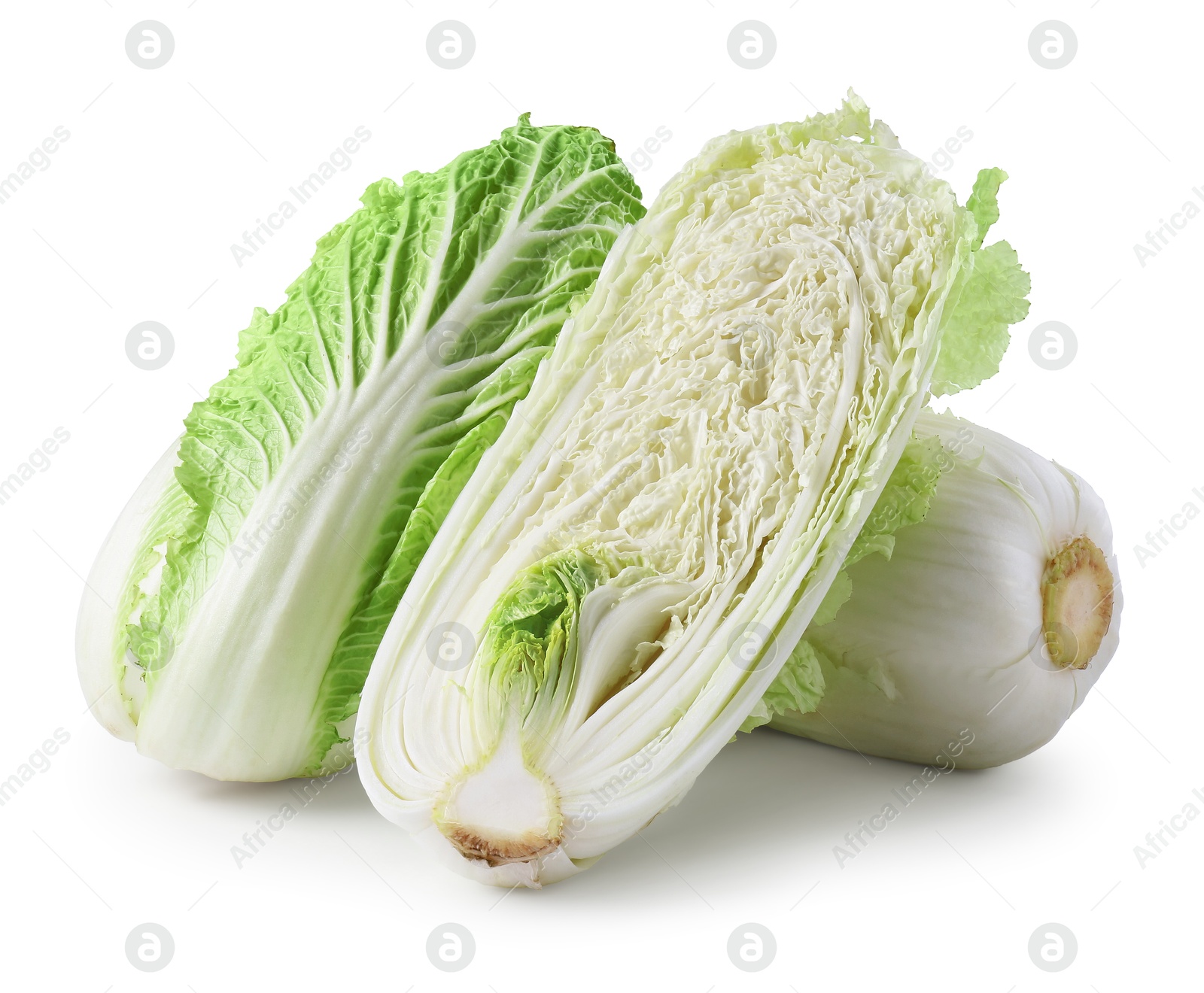 Whole and cut fresh Chinese cabbages isolated on white Photo of Whole and cut fresh Chinese cabbages isolated on white