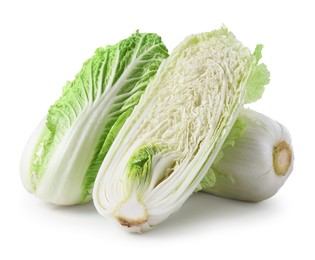 Photo of Whole and cut fresh Chinese cabbages isolated on white