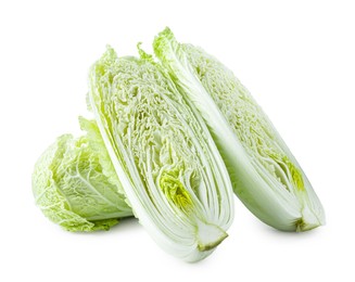 Photo of Whole and cut fresh Chinese cabbages isolated on white