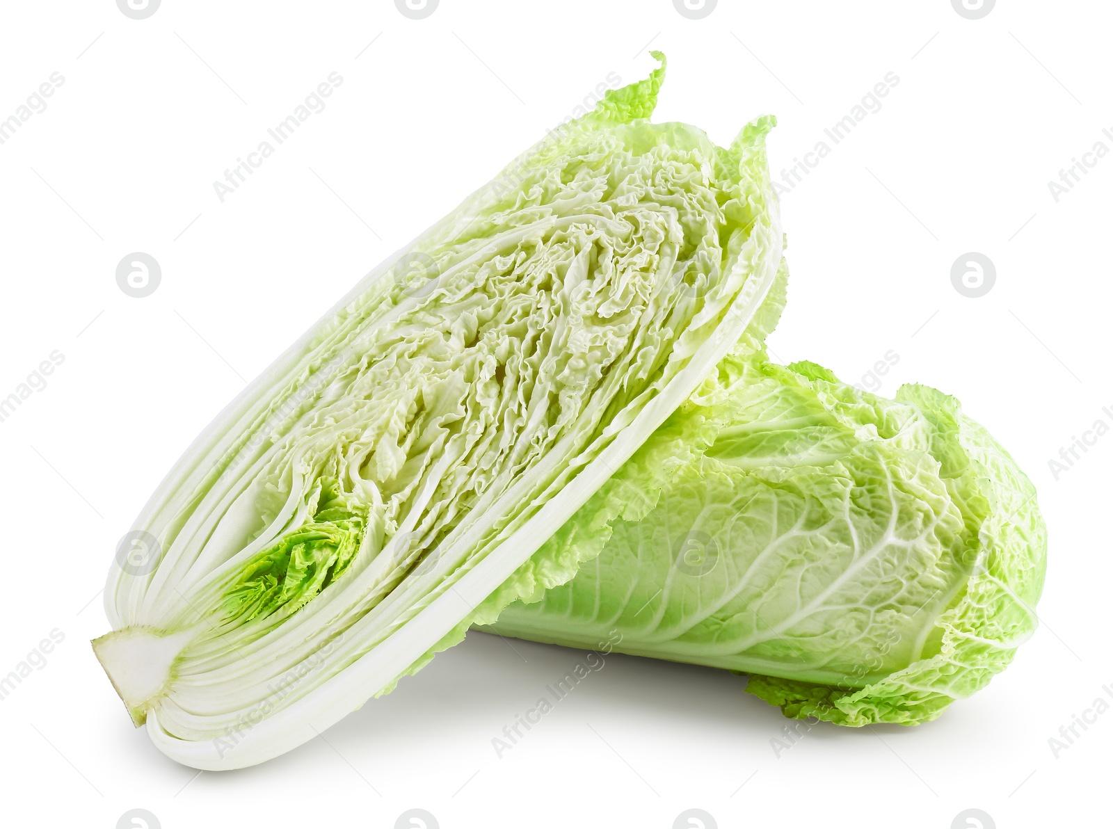 Whole and cut fresh Chinese cabbages isolated on white Photo of Whole and cut fresh Chinese cabbages isolated on white