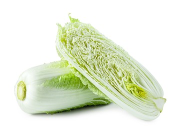 Photo of Whole and cut fresh Chinese cabbages isolated on white