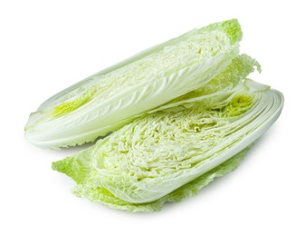 Photo of Halves of fresh Chinese cabbage isolated on white
