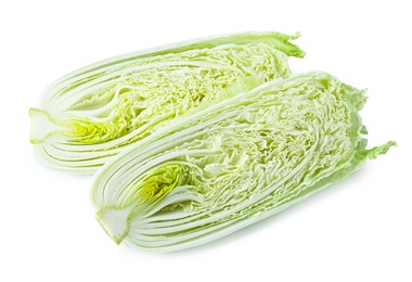 Photo of Halves of fresh Chinese cabbage isolated on white