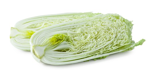 Photo of Halves of fresh Chinese cabbage isolated on white