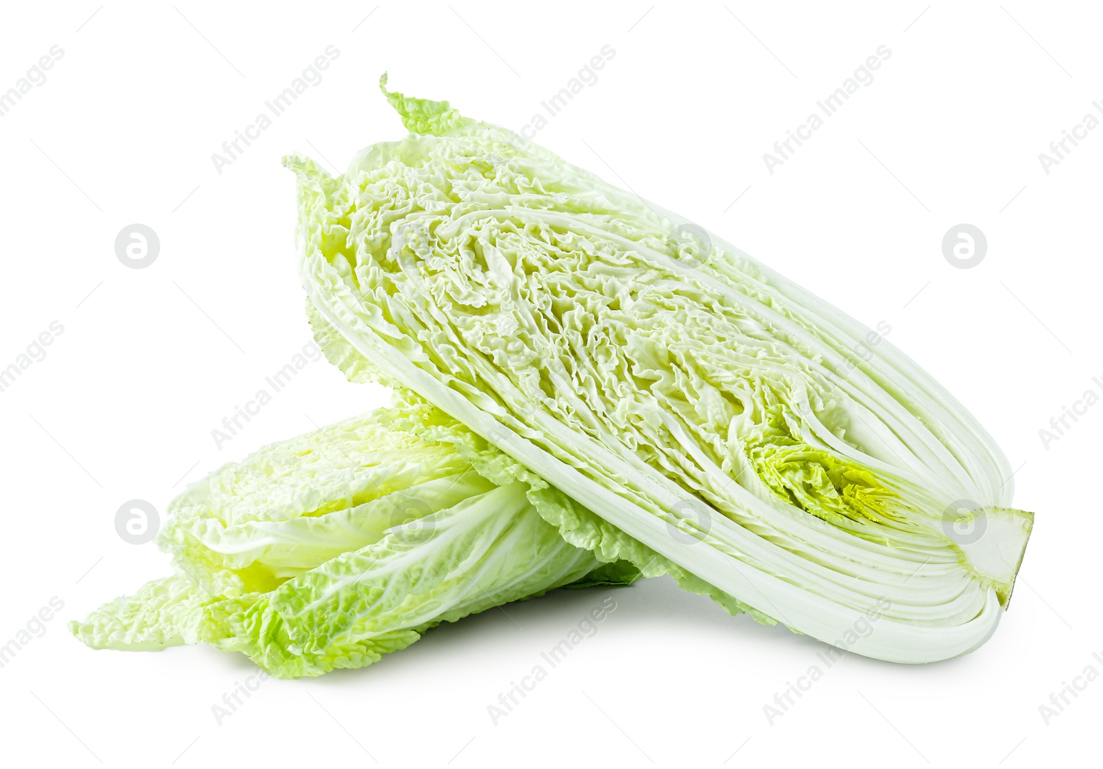 Halves of fresh Chinese cabbage isolated on white Photo of Halves of fresh Chinese cabbage isolated on white