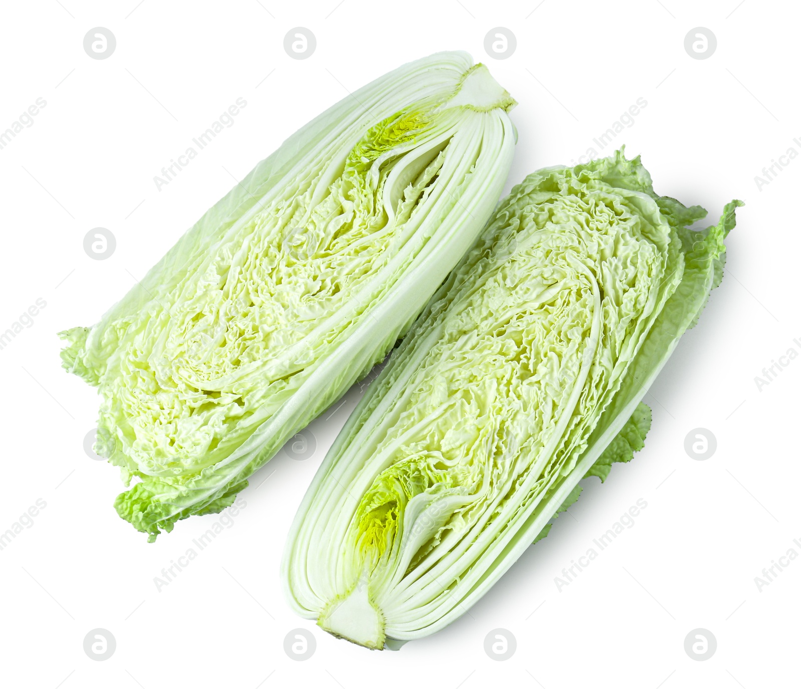 Halves of fresh Chinese cabbage isolated on white, top view Photo of Halves of fresh Chinese cabbage isolated on white, top view