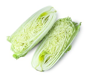 Photo of Halves of fresh Chinese cabbage isolated on white, top view