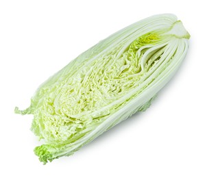 Photo of Half of fresh Chinese cabbage isolated on white, above view