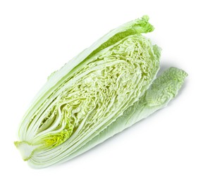 Photo of Half of fresh Chinese cabbage isolated on white, top view
