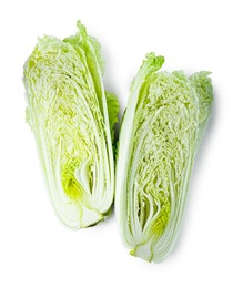 Photo of Halves of fresh Chinese cabbage isolated on white, top view