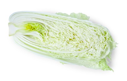 Photo of Half of fresh Chinese cabbage isolated on white, top view