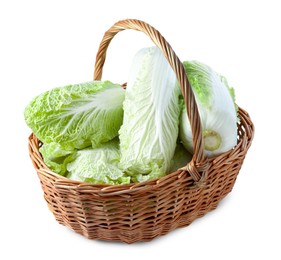 Photo of Fresh Chinese cabbages in wicker basket isolated on white