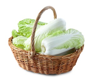 Photo of Fresh Chinese cabbages in wicker basket isolated on white
