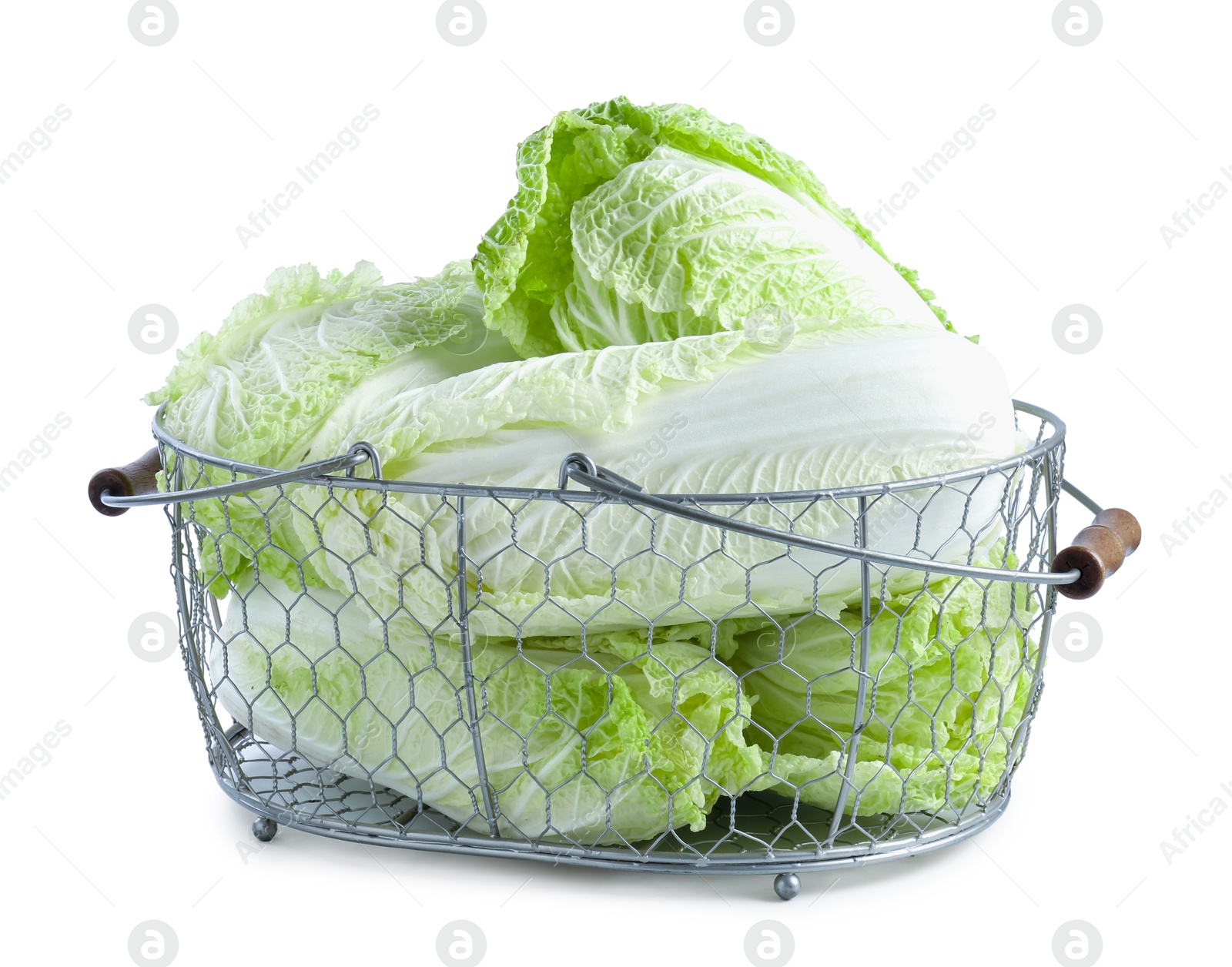 Many fresh Chinese cabbages in metal basket isolated on white Photo of Many fresh Chinese cabbages in metal basket isolated on white