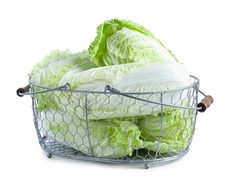 Photo of Many fresh Chinese cabbages in metal basket isolated on white