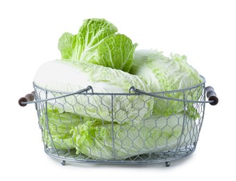 Photo of Many fresh Chinese cabbages in metal basket isolated on white
