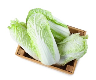 Photo of Many fresh Chinese cabbages in wooden crate isolated on white, top view