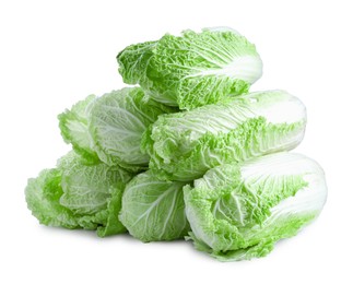 Photo of Many fresh Chinese cabbages isolated on white