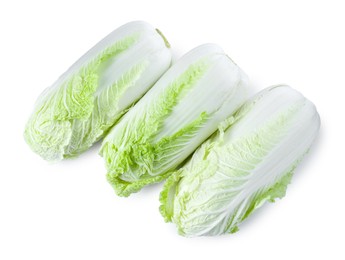 Photo of Three fresh Chinese cabbages isolated on white, top view