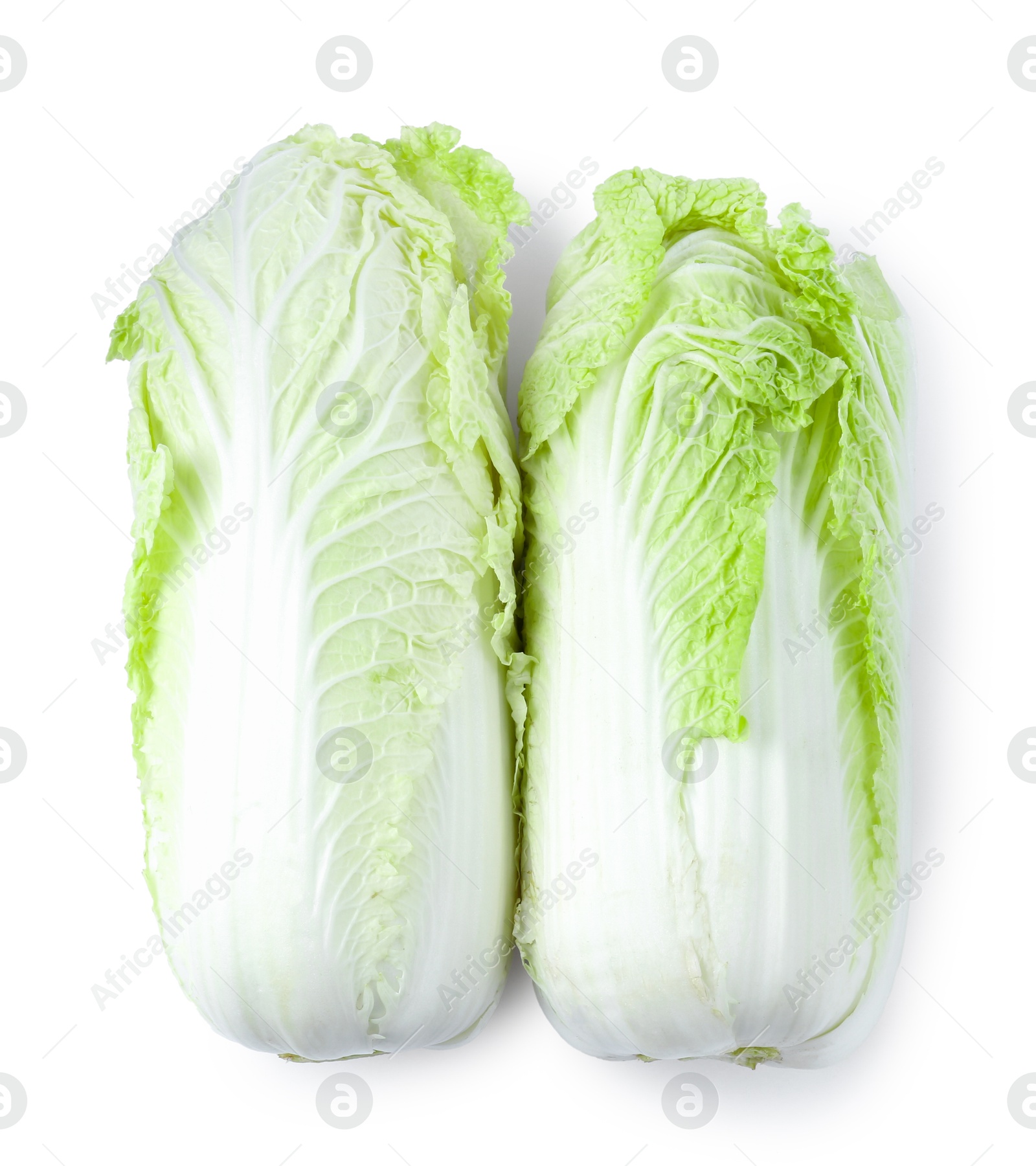 Two fresh Chinese cabbages isolated on white, top view Photo of Two fresh Chinese cabbages isolated on white, top view