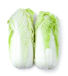Photo of Two fresh Chinese cabbages isolated on white, top view
